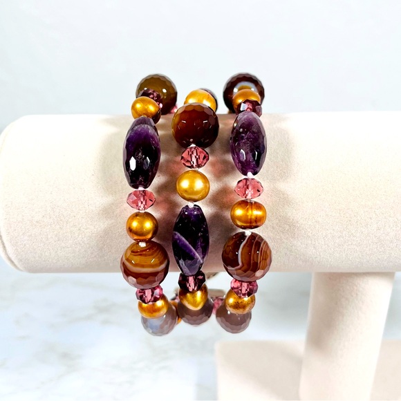 None Jewelry - Purple and Gold Beaded Bracelet Set